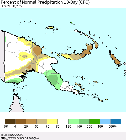 Papua New Guinea Percent of Normal Precipitation 10-Day (CPC) Thematic Map For 4/21/2022 - 4/30/2022