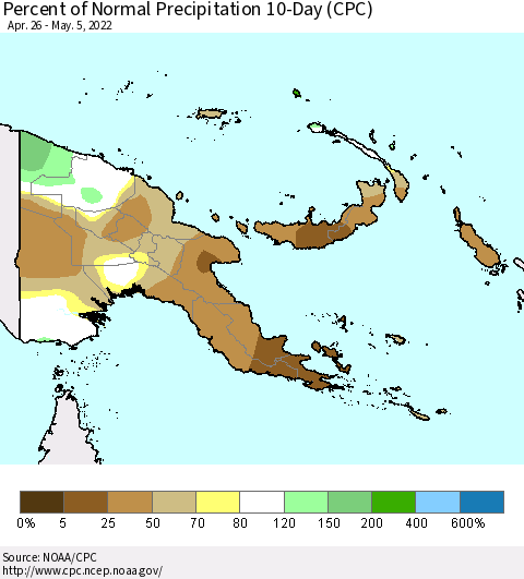 Papua New Guinea Percent of Normal Precipitation 10-Day (CPC) Thematic Map For 4/26/2022 - 5/5/2022