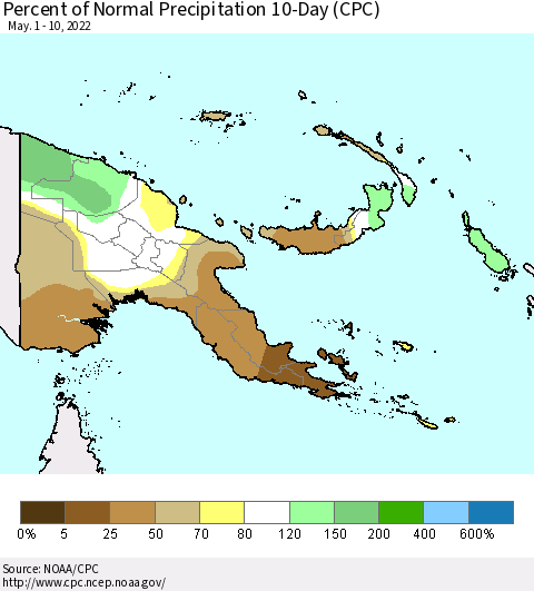 Papua New Guinea Percent of Normal Precipitation 10-Day (CPC) Thematic Map For 5/1/2022 - 5/10/2022