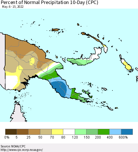 Papua New Guinea Percent of Normal Precipitation 10-Day (CPC) Thematic Map For 5/6/2022 - 5/15/2022