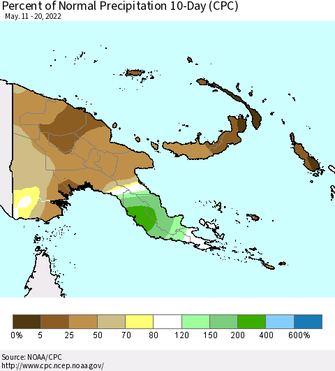 Papua New Guinea Percent of Normal Precipitation 10-Day (CPC) Thematic Map For 5/11/2022 - 5/20/2022