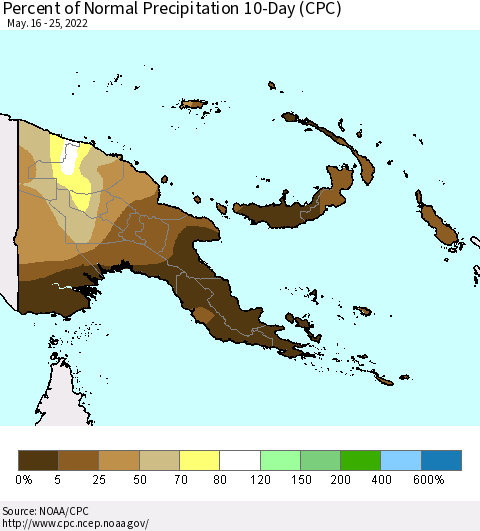 Papua New Guinea Percent of Normal Precipitation 10-Day (CPC) Thematic Map For 5/16/2022 - 5/25/2022