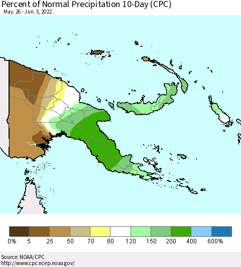 Papua New Guinea Percent of Normal Precipitation 10-Day (CPC) Thematic Map For 5/26/2022 - 6/5/2022