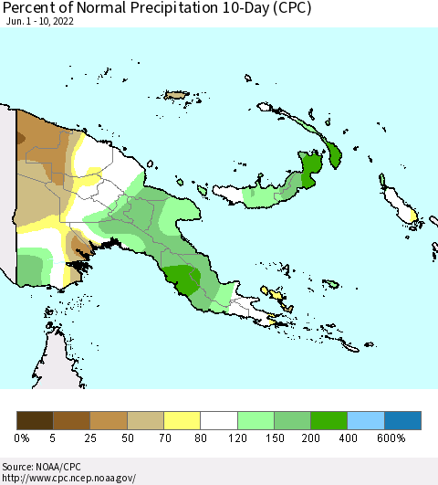 Papua New Guinea Percent of Normal Precipitation 10-Day (CPC) Thematic Map For 6/1/2022 - 6/10/2022
