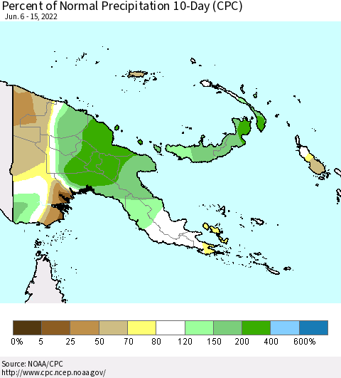 Papua New Guinea Percent of Normal Precipitation 10-Day (CPC) Thematic Map For 6/6/2022 - 6/15/2022