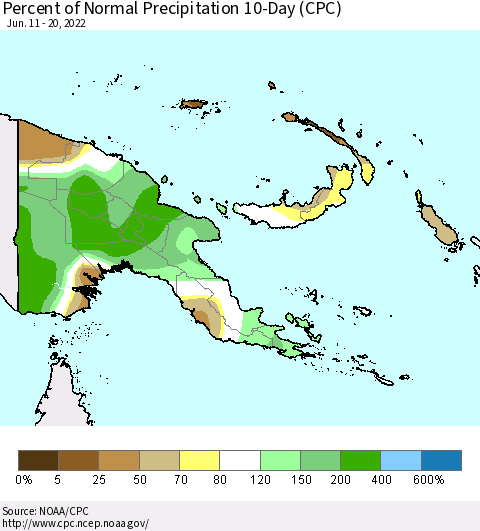 Papua New Guinea Percent of Normal Precipitation 10-Day (CPC) Thematic Map For 6/11/2022 - 6/20/2022