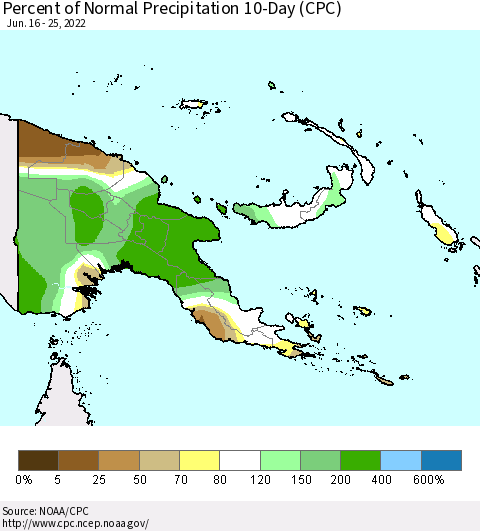 Papua New Guinea Percent of Normal Precipitation 10-Day (CPC) Thematic Map For 6/16/2022 - 6/25/2022