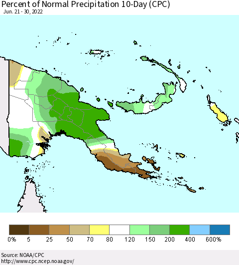 Papua New Guinea Percent of Normal Precipitation 10-Day (CPC) Thematic Map For 6/21/2022 - 6/30/2022