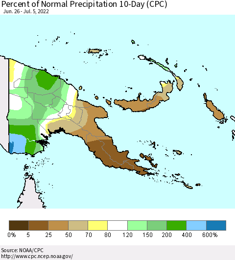 Papua New Guinea Percent of Normal Precipitation 10-Day (CPC) Thematic Map For 6/26/2022 - 7/5/2022