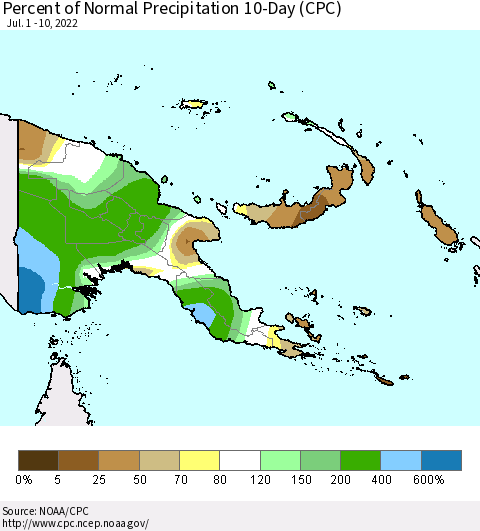 Papua New Guinea Percent of Normal Precipitation 10-Day (CPC) Thematic Map For 7/1/2022 - 7/10/2022