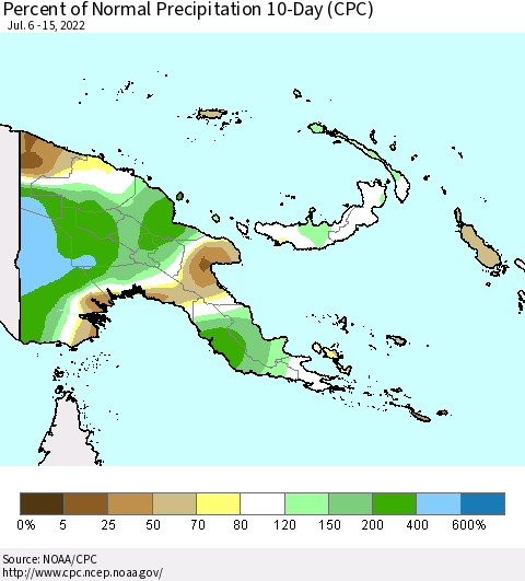 Papua New Guinea Percent of Normal Precipitation 10-Day (CPC) Thematic Map For 7/6/2022 - 7/15/2022