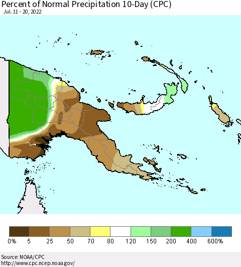 Papua New Guinea Percent of Normal Precipitation 10-Day (CPC) Thematic Map For 7/11/2022 - 7/20/2022