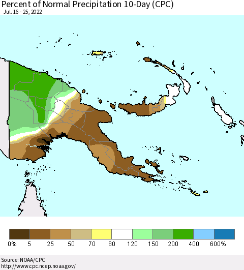 Papua New Guinea Percent of Normal Precipitation 10-Day (CPC) Thematic Map For 7/16/2022 - 7/25/2022