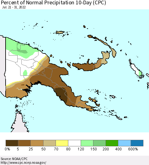 Papua New Guinea Percent of Normal Precipitation 10-Day (CPC) Thematic Map For 7/21/2022 - 7/31/2022