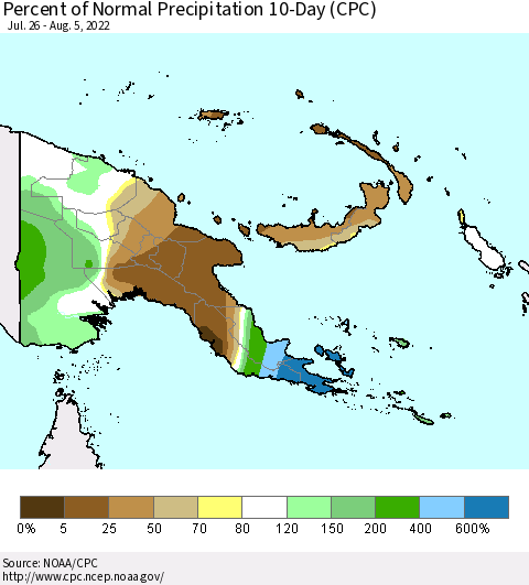 Papua New Guinea Percent of Normal Precipitation 10-Day (CPC) Thematic Map For 7/26/2022 - 8/5/2022