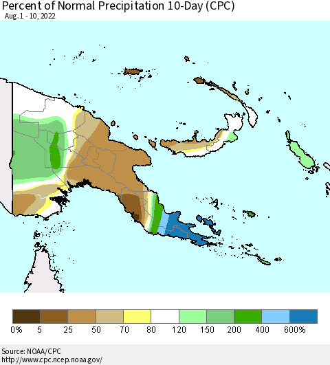Papua New Guinea Percent of Normal Precipitation 10-Day (CPC) Thematic Map For 8/1/2022 - 8/10/2022