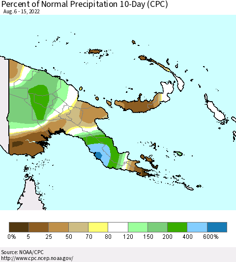Papua New Guinea Percent of Normal Precipitation 10-Day (CPC) Thematic Map For 8/6/2022 - 8/15/2022