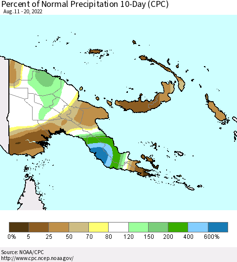 Papua New Guinea Percent of Normal Precipitation 10-Day (CPC) Thematic Map For 8/11/2022 - 8/20/2022