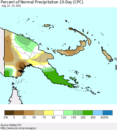 Papua New Guinea Percent of Normal Precipitation 10-Day (CPC) Thematic Map For 8/16/2022 - 8/25/2022