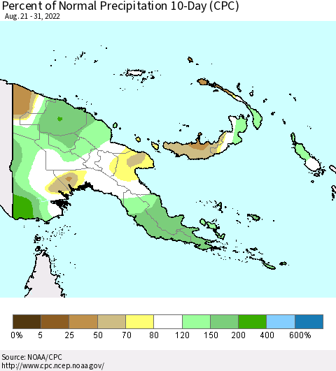 Papua New Guinea Percent of Normal Precipitation 10-Day (CPC) Thematic Map For 8/21/2022 - 8/31/2022