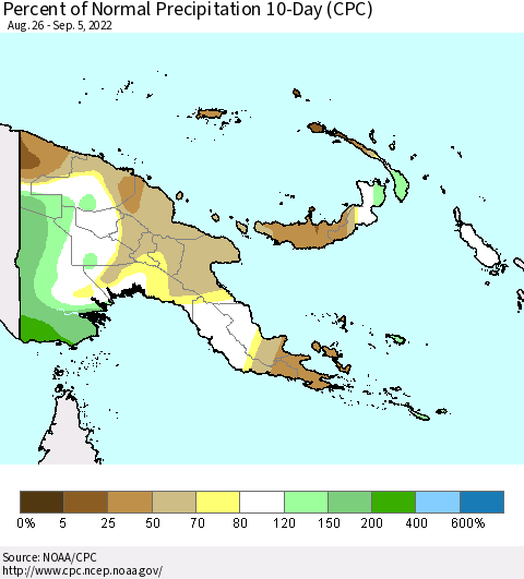 Papua New Guinea Percent of Normal Precipitation 10-Day (CPC) Thematic Map For 8/26/2022 - 9/5/2022