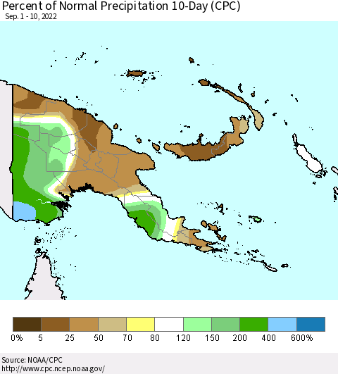 Papua New Guinea Percent of Normal Precipitation 10-Day (CPC) Thematic Map For 9/1/2022 - 9/10/2022