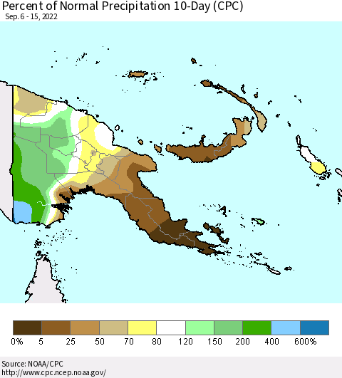Papua New Guinea Percent of Normal Precipitation 10-Day (CPC) Thematic Map For 9/6/2022 - 9/15/2022