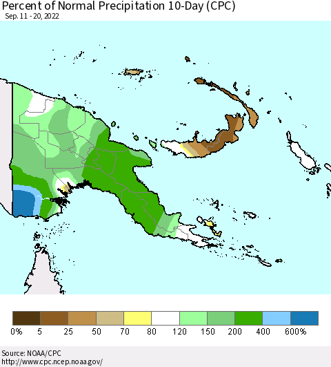 Papua New Guinea Percent of Normal Precipitation 10-Day (CPC) Thematic Map For 9/11/2022 - 9/20/2022
