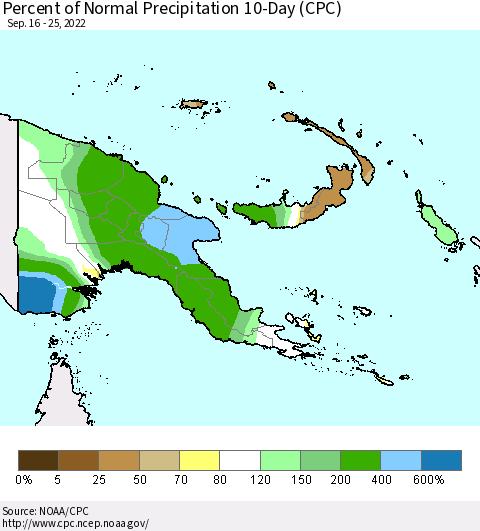 Papua New Guinea Percent of Normal Precipitation 10-Day (CPC) Thematic Map For 9/16/2022 - 9/25/2022