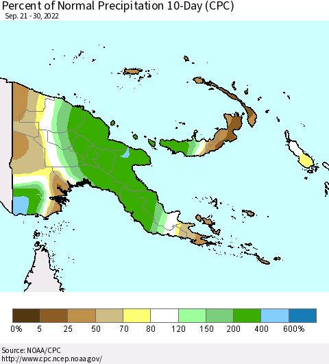 Papua New Guinea Percent of Normal Precipitation 10-Day (CPC) Thematic Map For 9/21/2022 - 9/30/2022