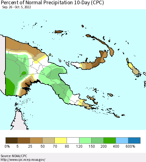 Papua New Guinea Percent of Normal Precipitation 10-Day (CPC) Thematic Map For 9/26/2022 - 10/5/2022