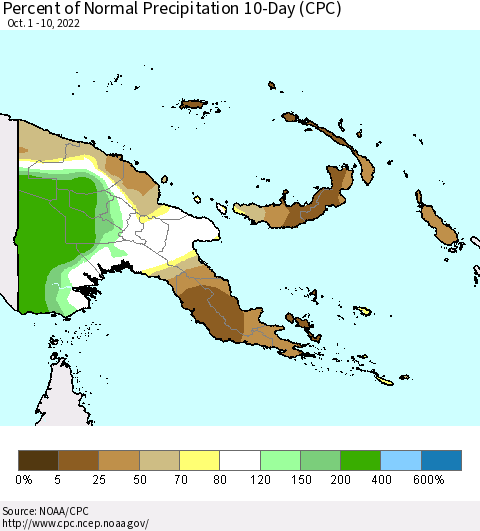 Papua New Guinea Percent of Normal Precipitation 10-Day (CPC) Thematic Map For 10/1/2022 - 10/10/2022