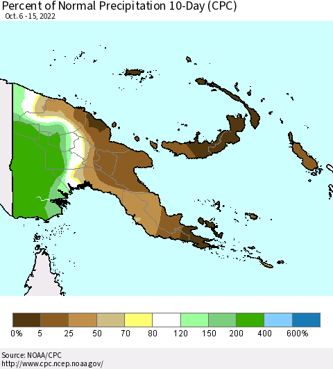 Papua New Guinea Percent of Normal Precipitation 10-Day (CPC) Thematic Map For 10/6/2022 - 10/15/2022