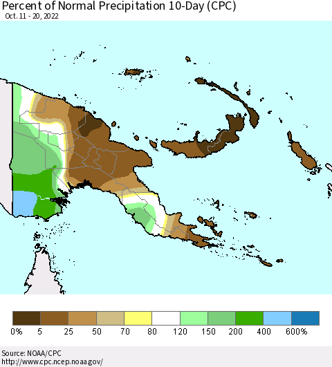 Papua New Guinea Percent of Normal Precipitation 10-Day (CPC) Thematic Map For 10/11/2022 - 10/20/2022