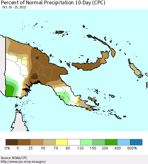 Papua New Guinea Percent of Normal Precipitation 10-Day (CPC) Thematic Map For 10/16/2022 - 10/25/2022