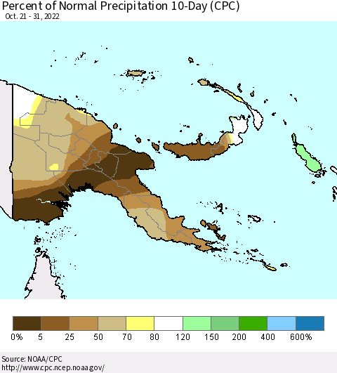 Papua New Guinea Percent of Normal Precipitation 10-Day (CPC) Thematic Map For 10/21/2022 - 10/31/2022