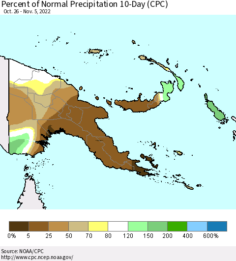 Papua New Guinea Percent of Normal Precipitation 10-Day (CPC) Thematic Map For 10/26/2022 - 11/5/2022