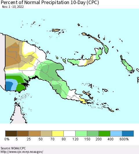Papua New Guinea Percent of Normal Precipitation 10-Day (CPC) Thematic Map For 11/1/2022 - 11/10/2022