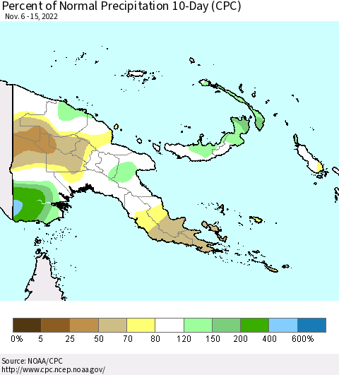Papua New Guinea Percent of Normal Precipitation 10-Day (CPC) Thematic Map For 11/6/2022 - 11/15/2022
