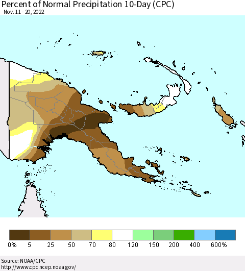 Papua New Guinea Percent of Normal Precipitation 10-Day (CPC) Thematic Map For 11/11/2022 - 11/20/2022