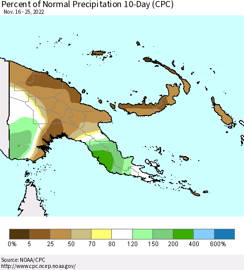 Papua New Guinea Percent of Normal Precipitation 10-Day (CPC) Thematic Map For 11/16/2022 - 11/25/2022