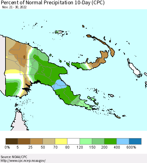 Papua New Guinea Percent of Normal Precipitation 10-Day (CPC) Thematic Map For 11/21/2022 - 11/30/2022