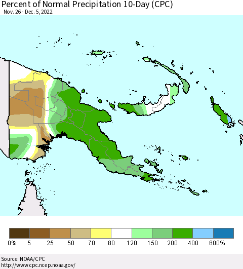Papua New Guinea Percent of Normal Precipitation 10-Day (CPC) Thematic Map For 11/26/2022 - 12/5/2022