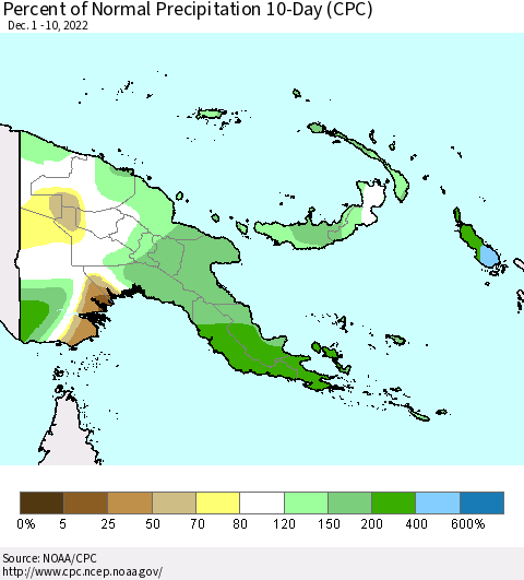 Papua New Guinea Percent of Normal Precipitation 10-Day (CPC) Thematic Map For 12/1/2022 - 12/10/2022