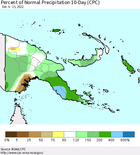 Papua New Guinea Percent of Normal Precipitation 10-Day (CPC) Thematic Map For 12/6/2022 - 12/15/2022