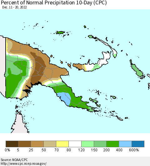Papua New Guinea Percent of Normal Precipitation 10-Day (CPC) Thematic Map For 12/11/2022 - 12/20/2022