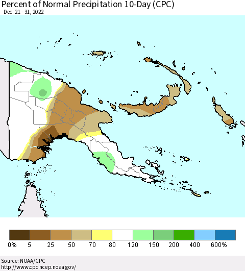 Papua New Guinea Percent of Normal Precipitation 10-Day (CPC) Thematic Map For 12/21/2022 - 12/31/2022