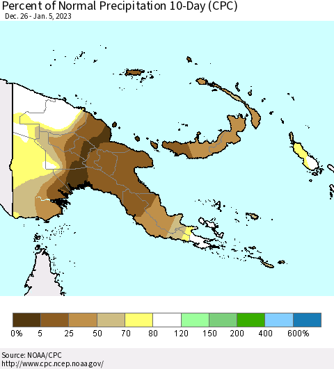 Papua New Guinea Percent of Normal Precipitation 10-Day (CPC) Thematic Map For 12/26/2022 - 1/5/2023