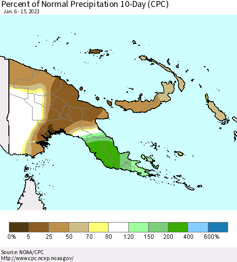 Papua New Guinea Percent of Normal Precipitation 10-Day (CPC) Thematic Map For 1/6/2023 - 1/15/2023