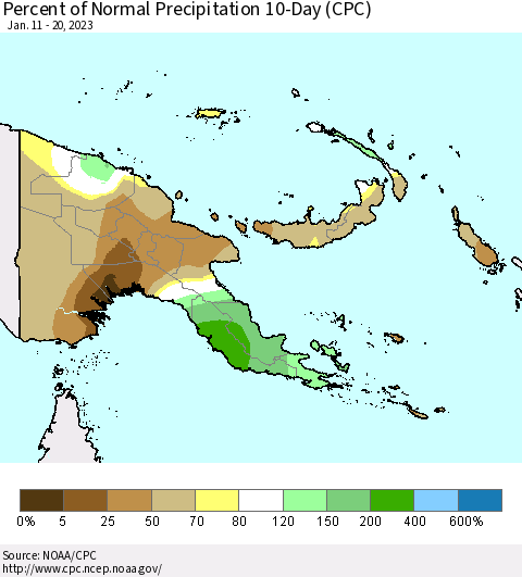 Papua New Guinea Percent of Normal Precipitation 10-Day (CPC) Thematic Map For 1/11/2023 - 1/20/2023